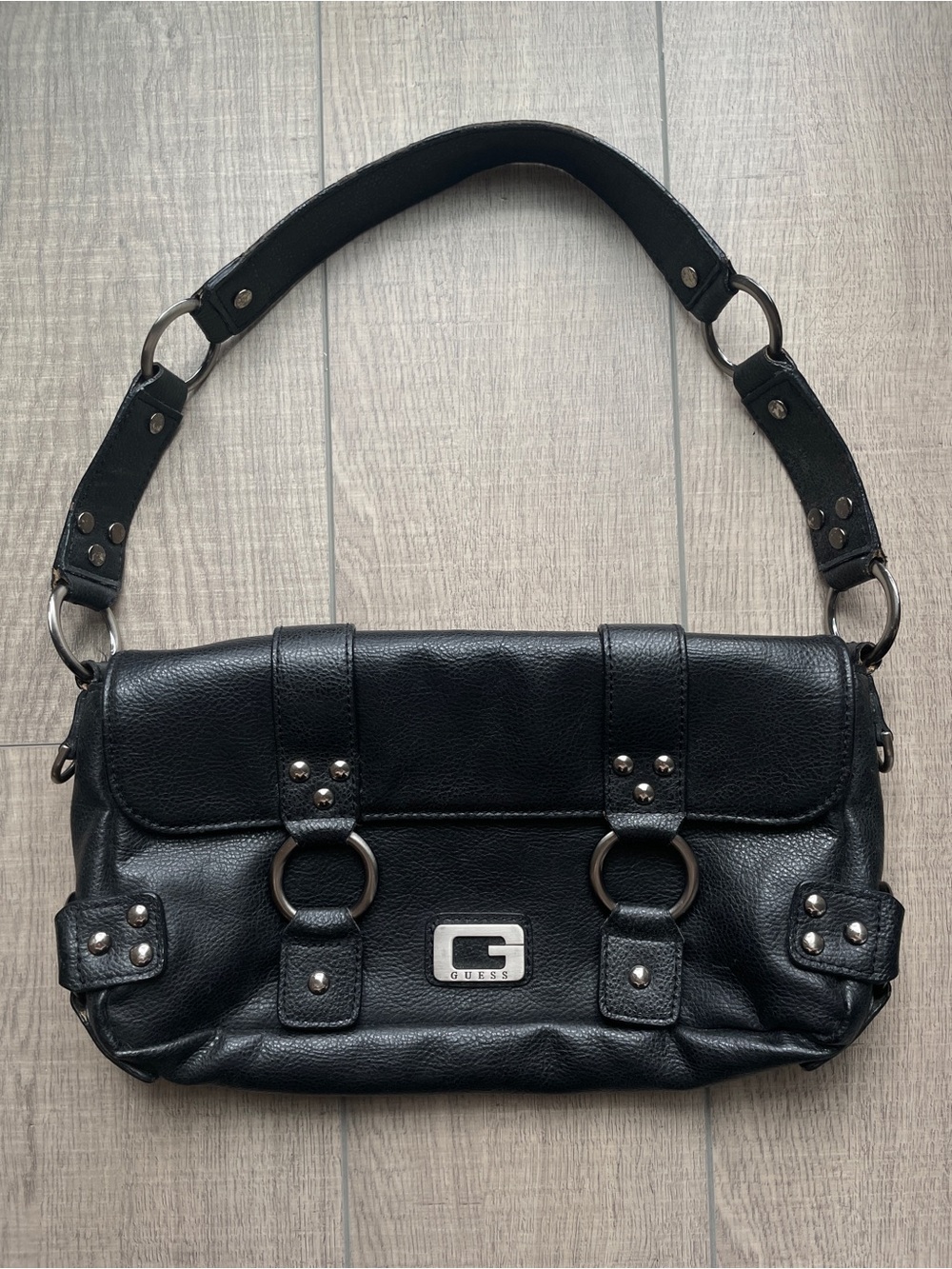 GUESS Black Leather Shoulder Bag with Silver Hardware